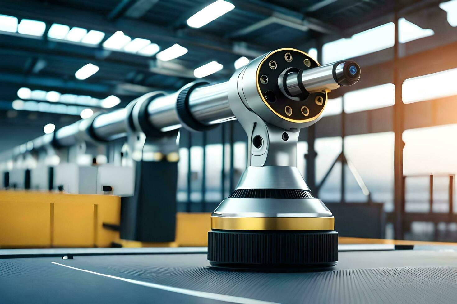 a robotic arm is sitting on a table in a factory. AI-Generated photo