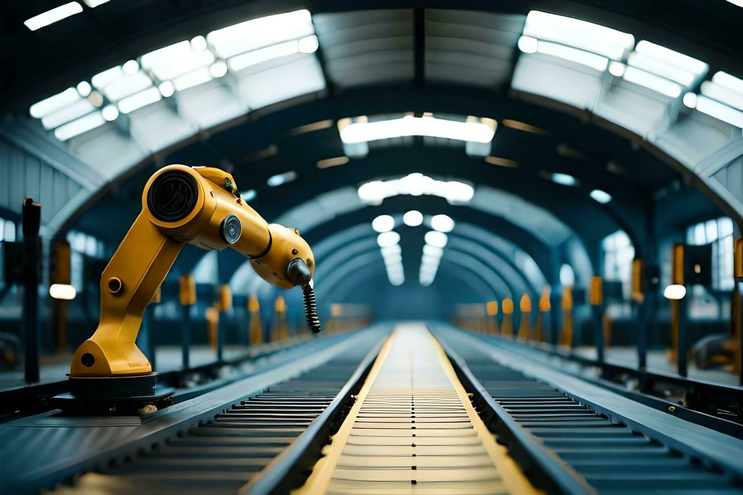 a robotic arm is standing on a train track. AI-Generated photo