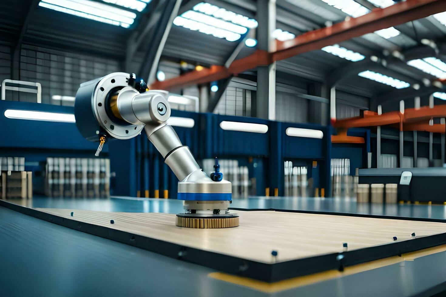 a robotic arm is sitting on a table in a factory. AI-Generated photo