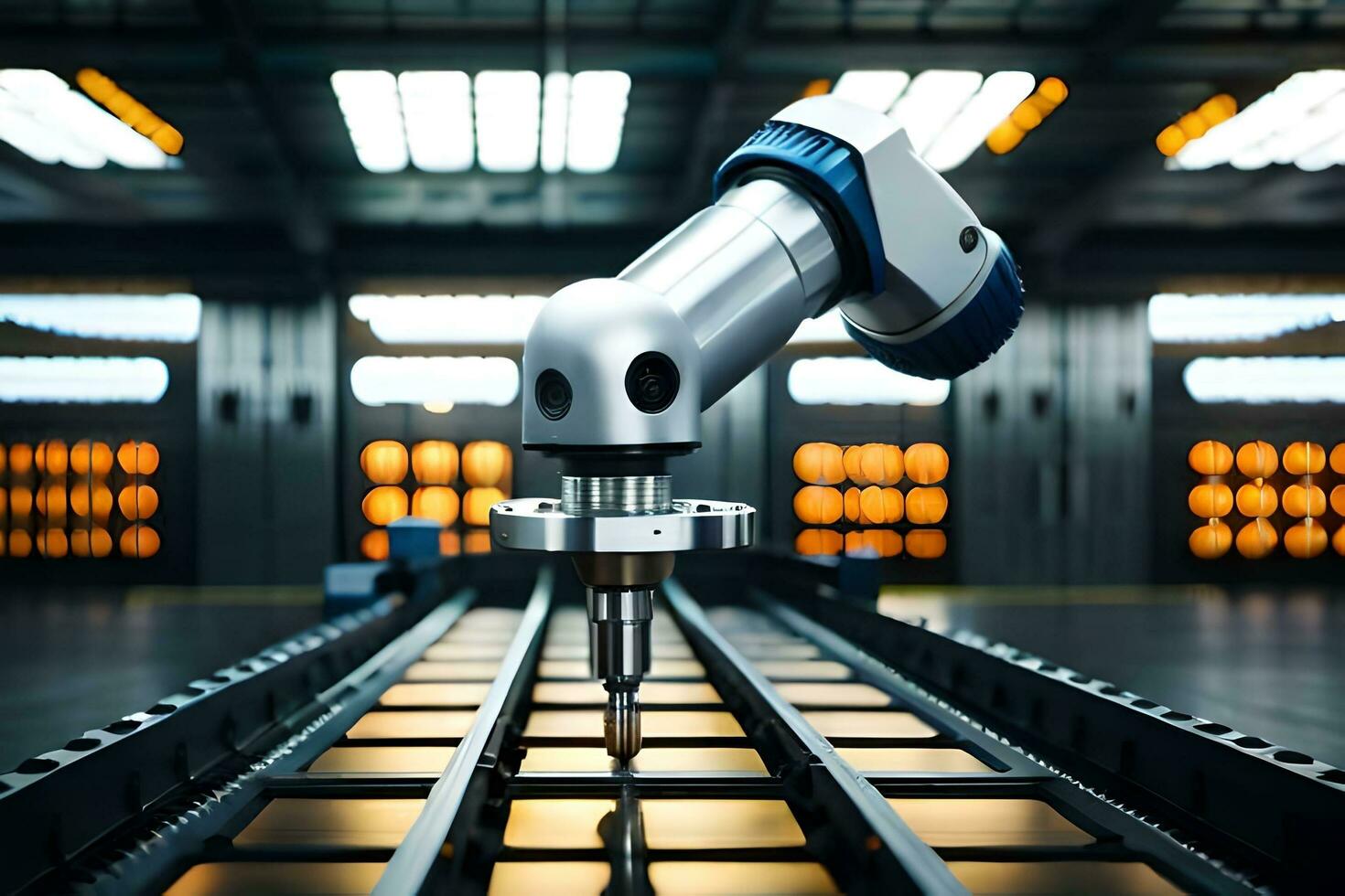 a robotic arm is on a conveyor belt in a factory. AI-Generated photo