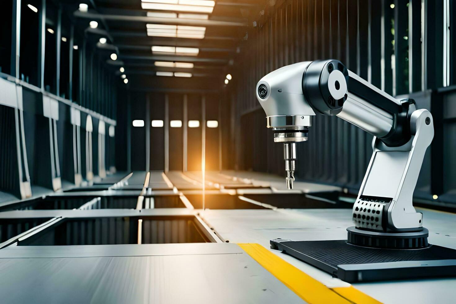 a robotic arm is sitting on a table in a warehouse. AI-Generated photo