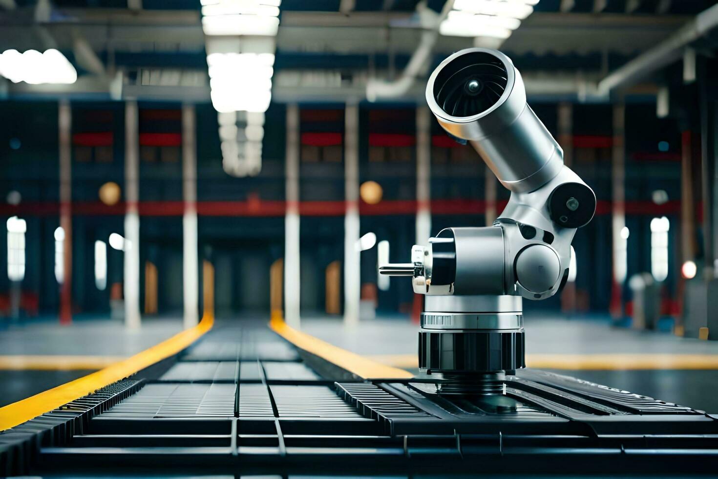 a robot is sitting on a conveyor belt in a warehouse. AI-Generated photo