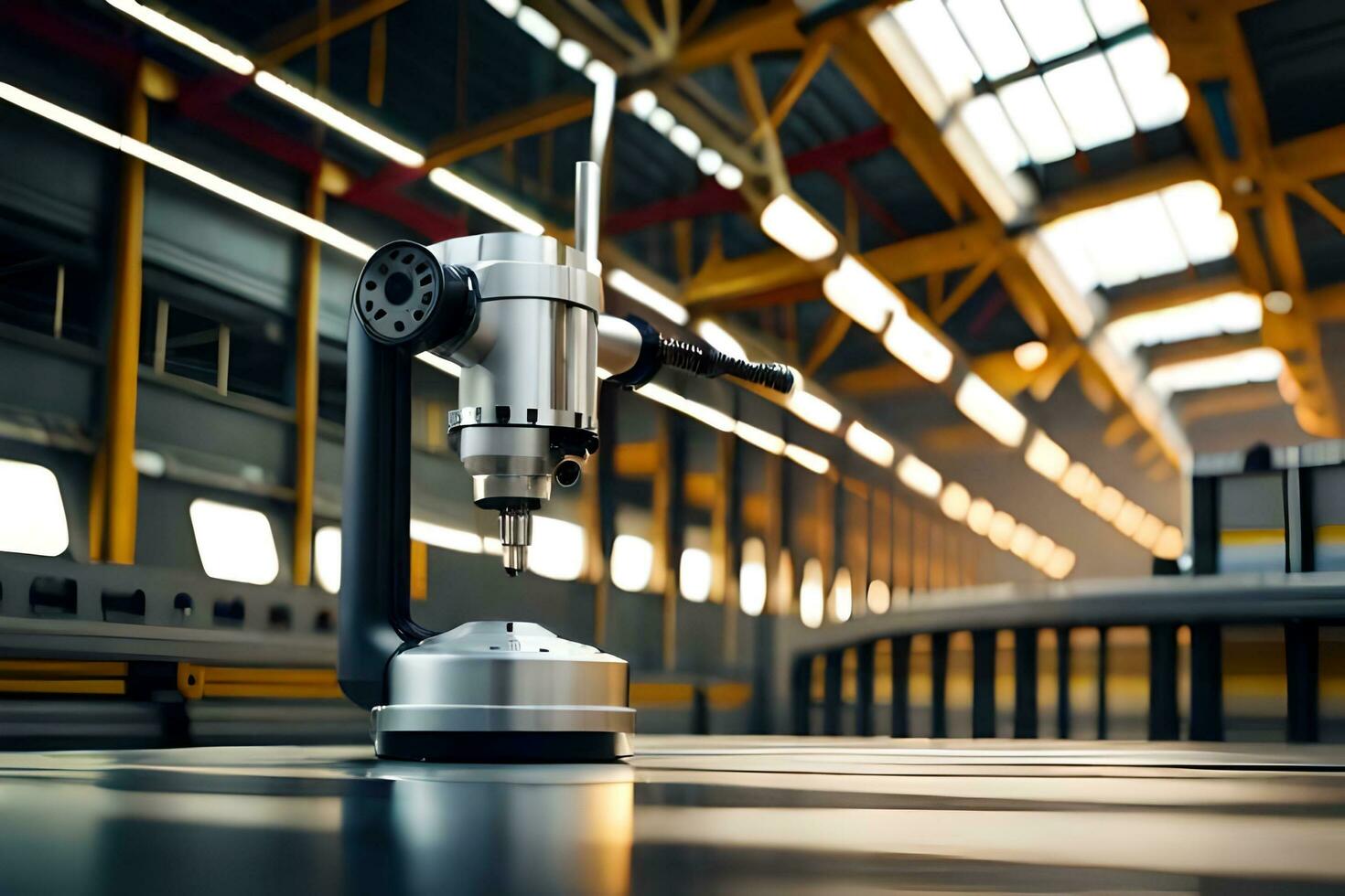 un máquina es sentado en un mesa en un fábrica. generado por ai foto