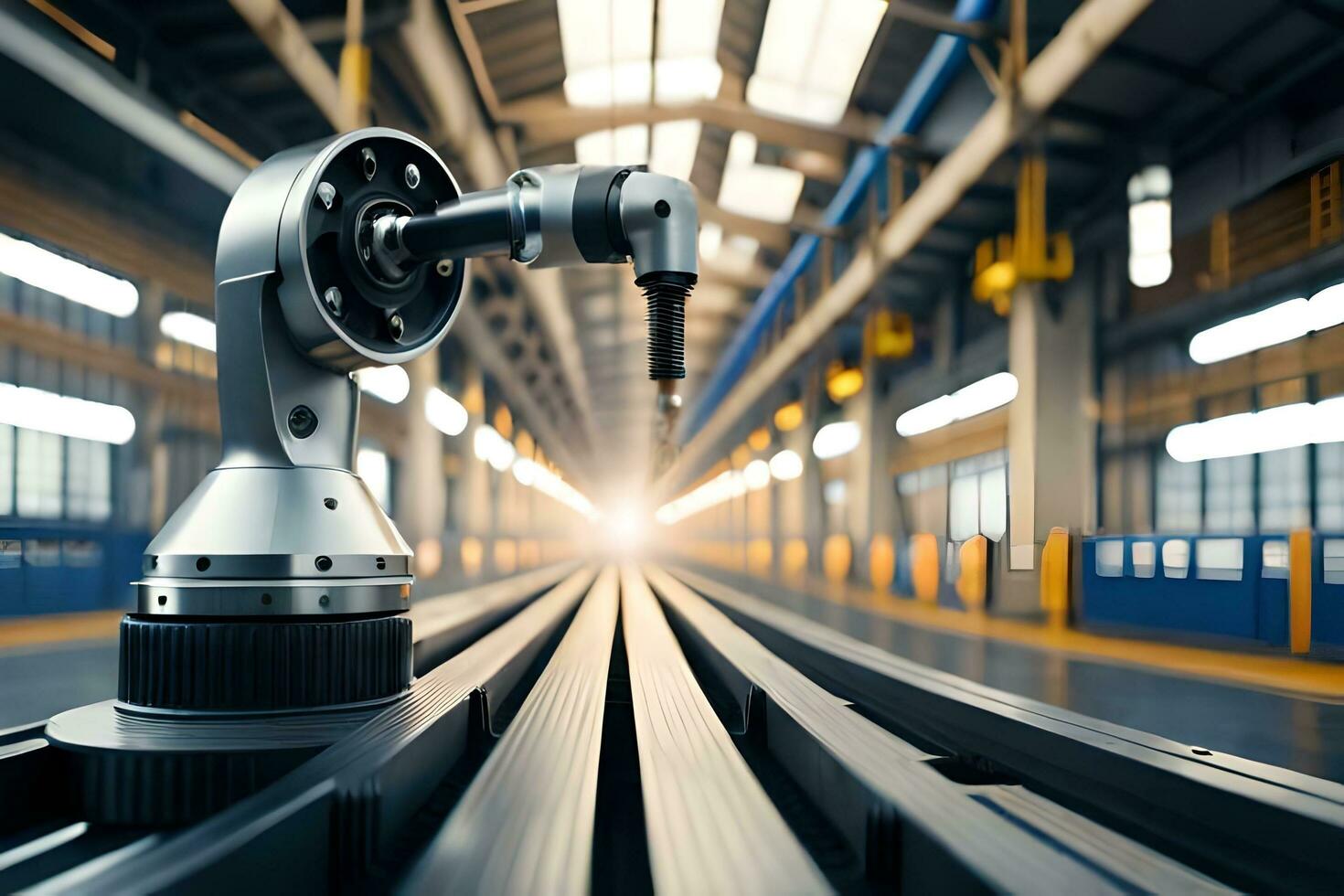 a robot is standing on a track in a factory. AI-Generated photo