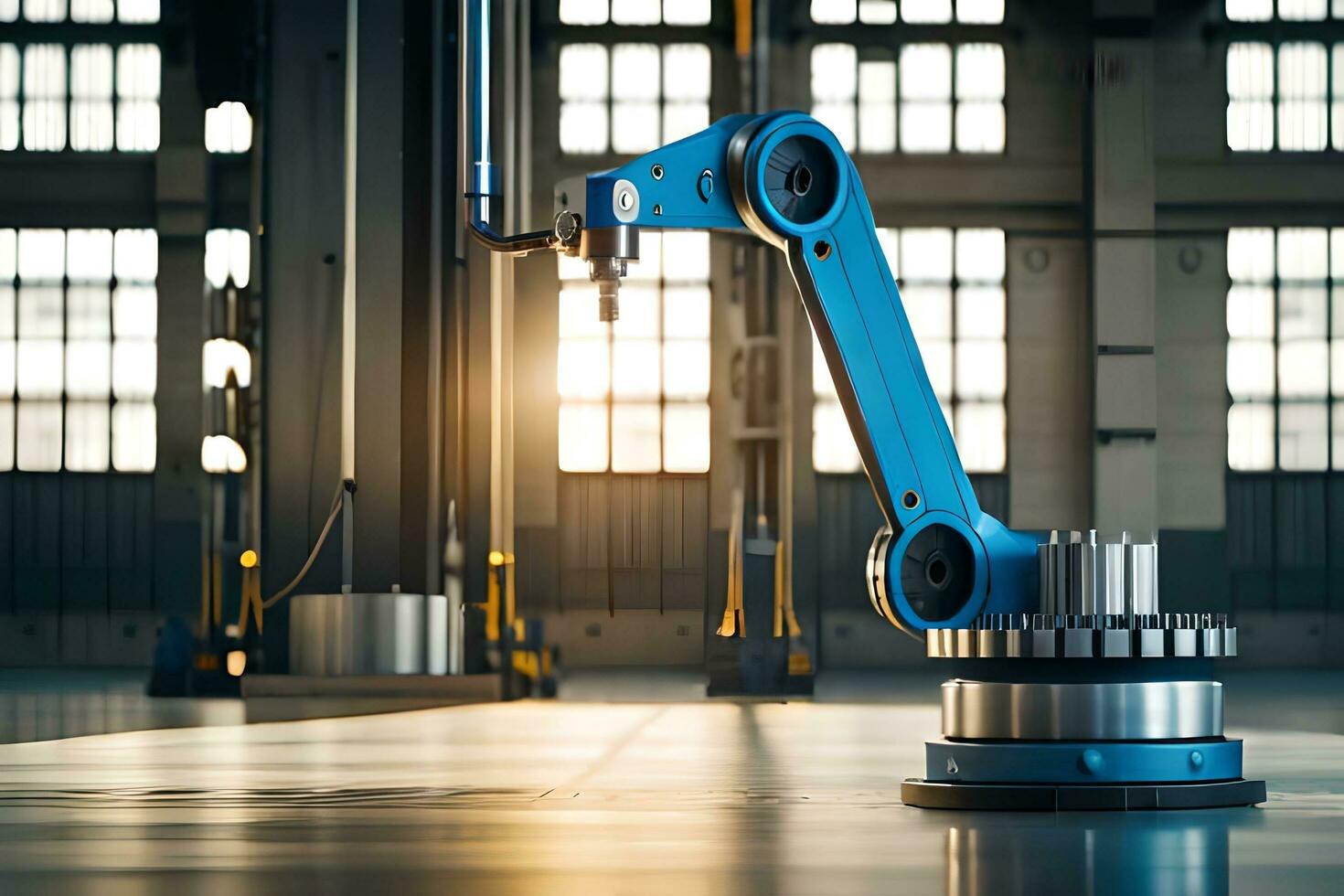 a robotic arm in a factory setting with sunlight coming through the windows. AI-Generated photo