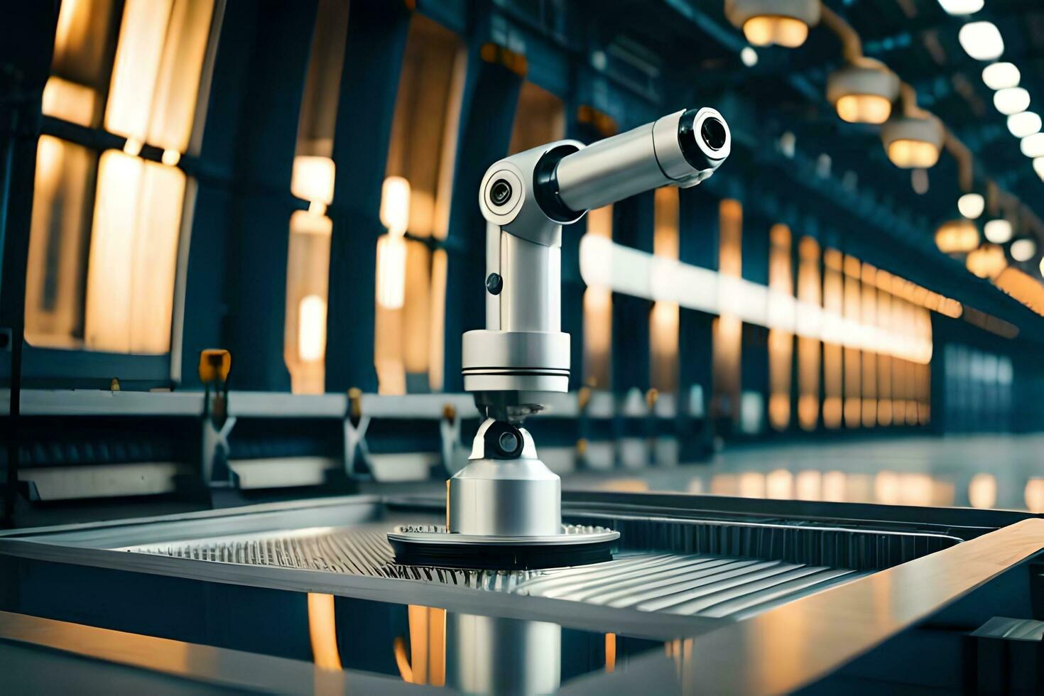 a robotic arm is sitting on a table in a factory. AI-Generated photo