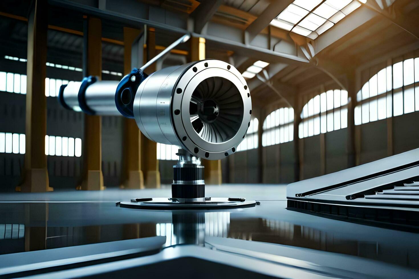 a large industrial turbine in a large warehouse. AI-Generated photo