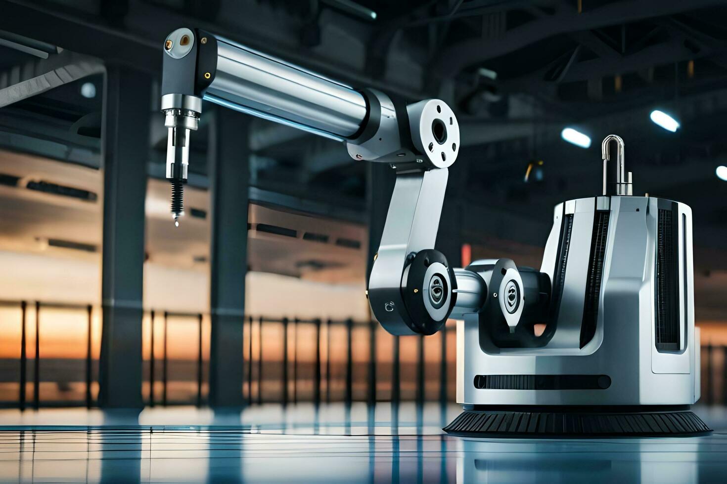 a robotic arm is sitting on a table in a factory. AI-Generated photo