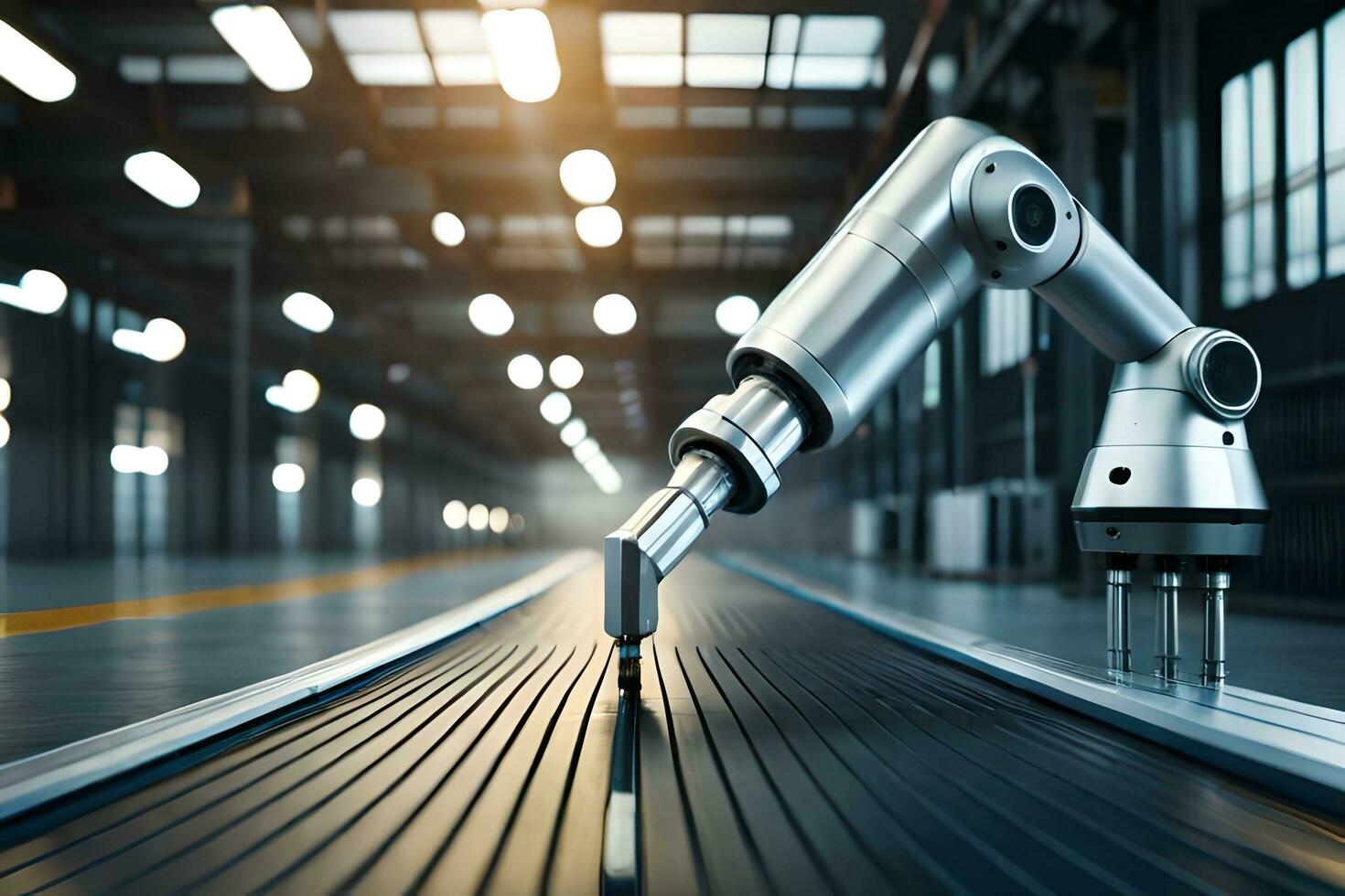 a robot is standing on a conveyor belt in a factory. AI-Generated photo