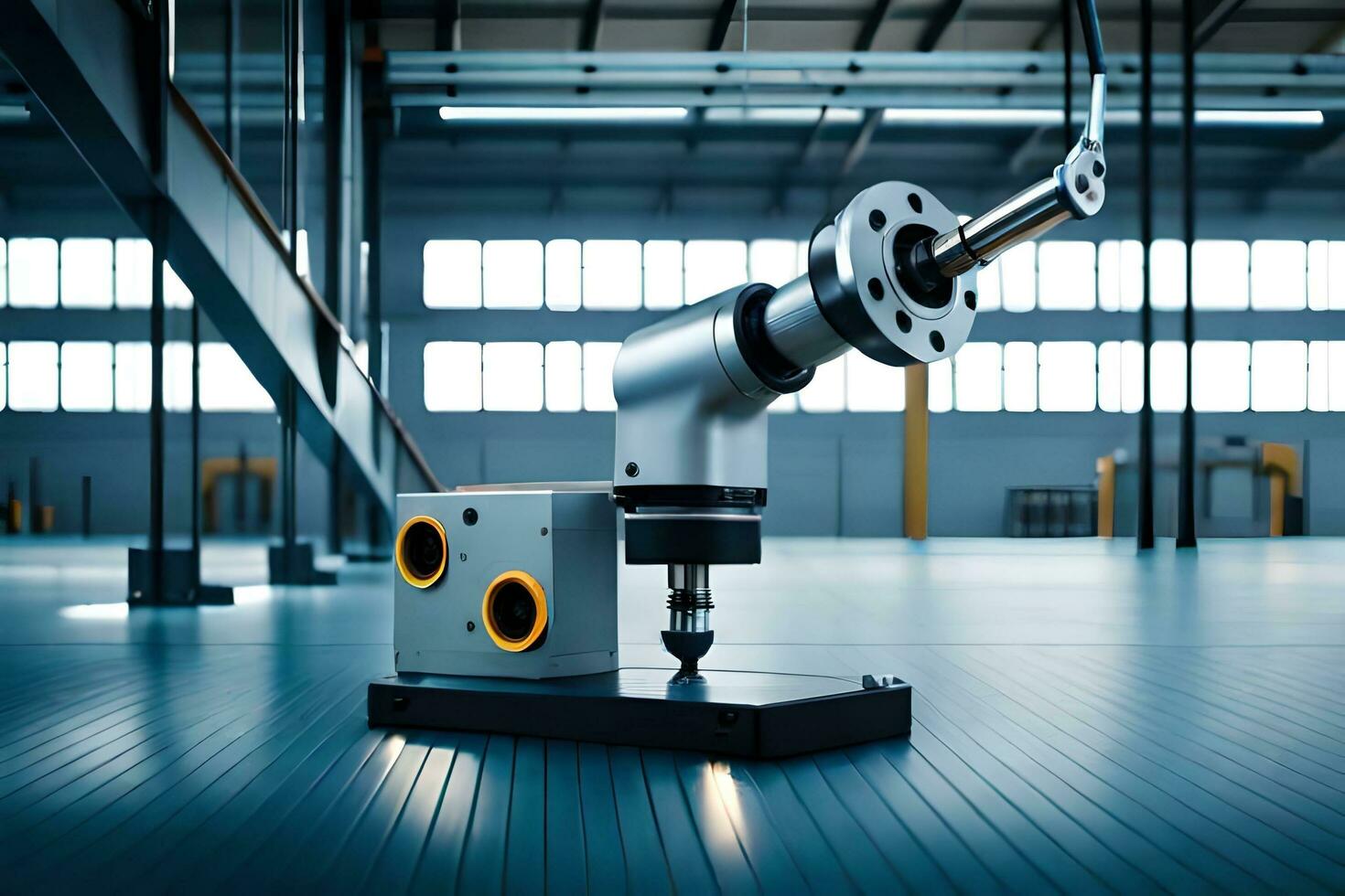 a robotic arm is sitting on a table in a factory. AI-Generated photo