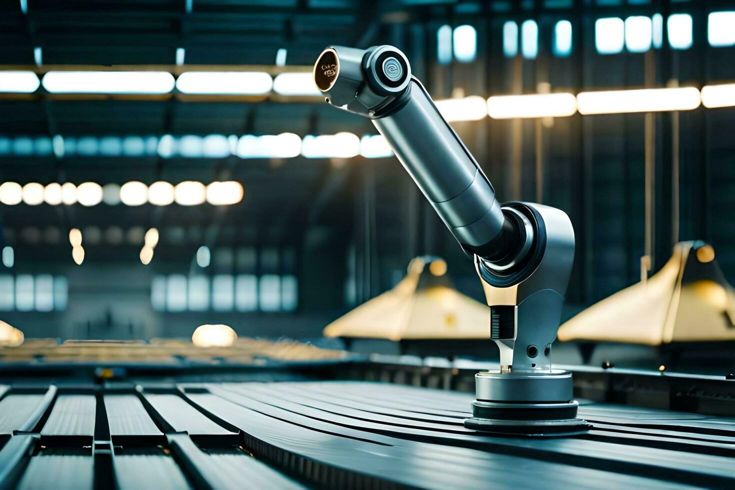 a robotic arm is sitting on a table in a factory. AI-Generated photo