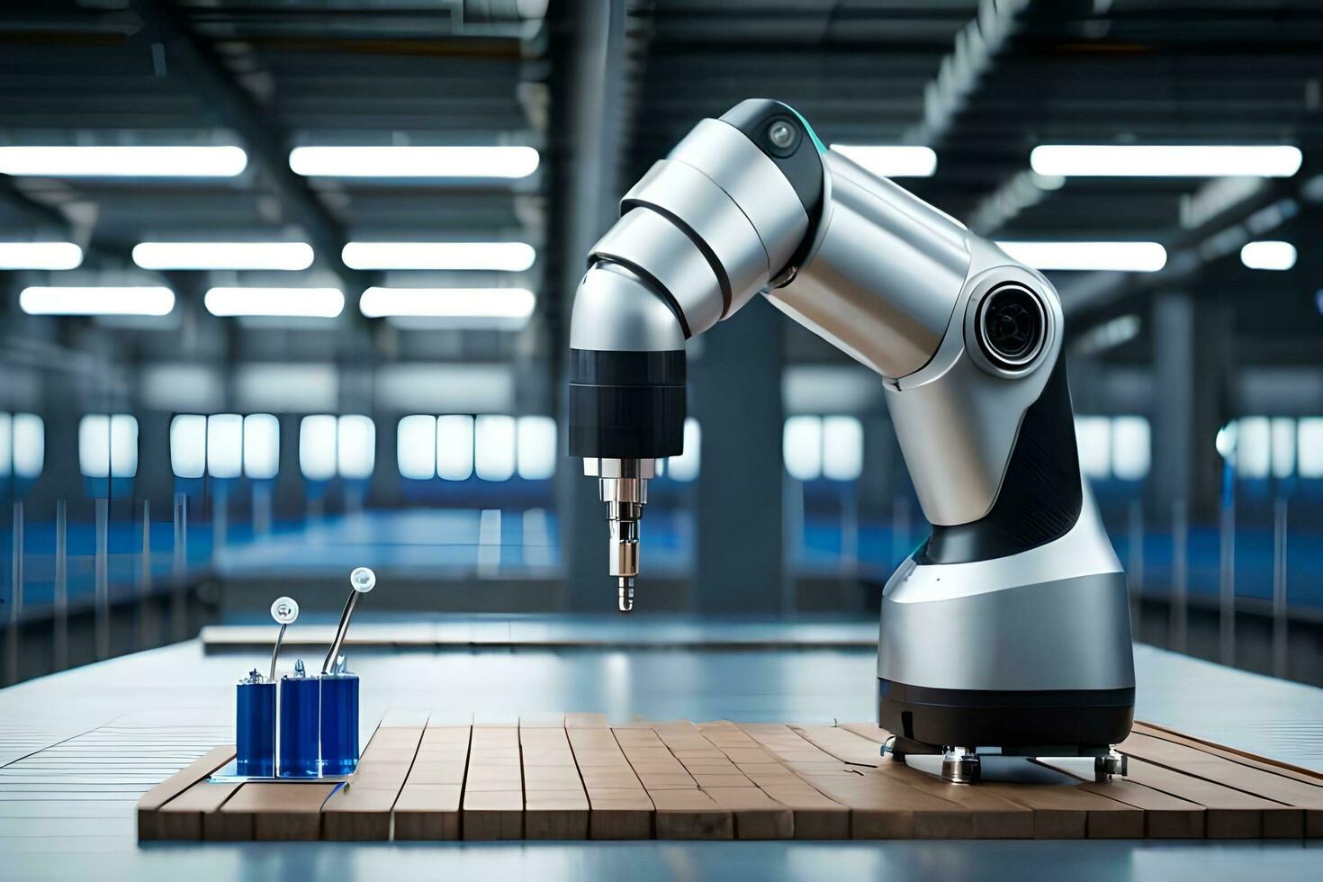 a robotic arm is sitting on a table with blue liquid. AI-Generated photo