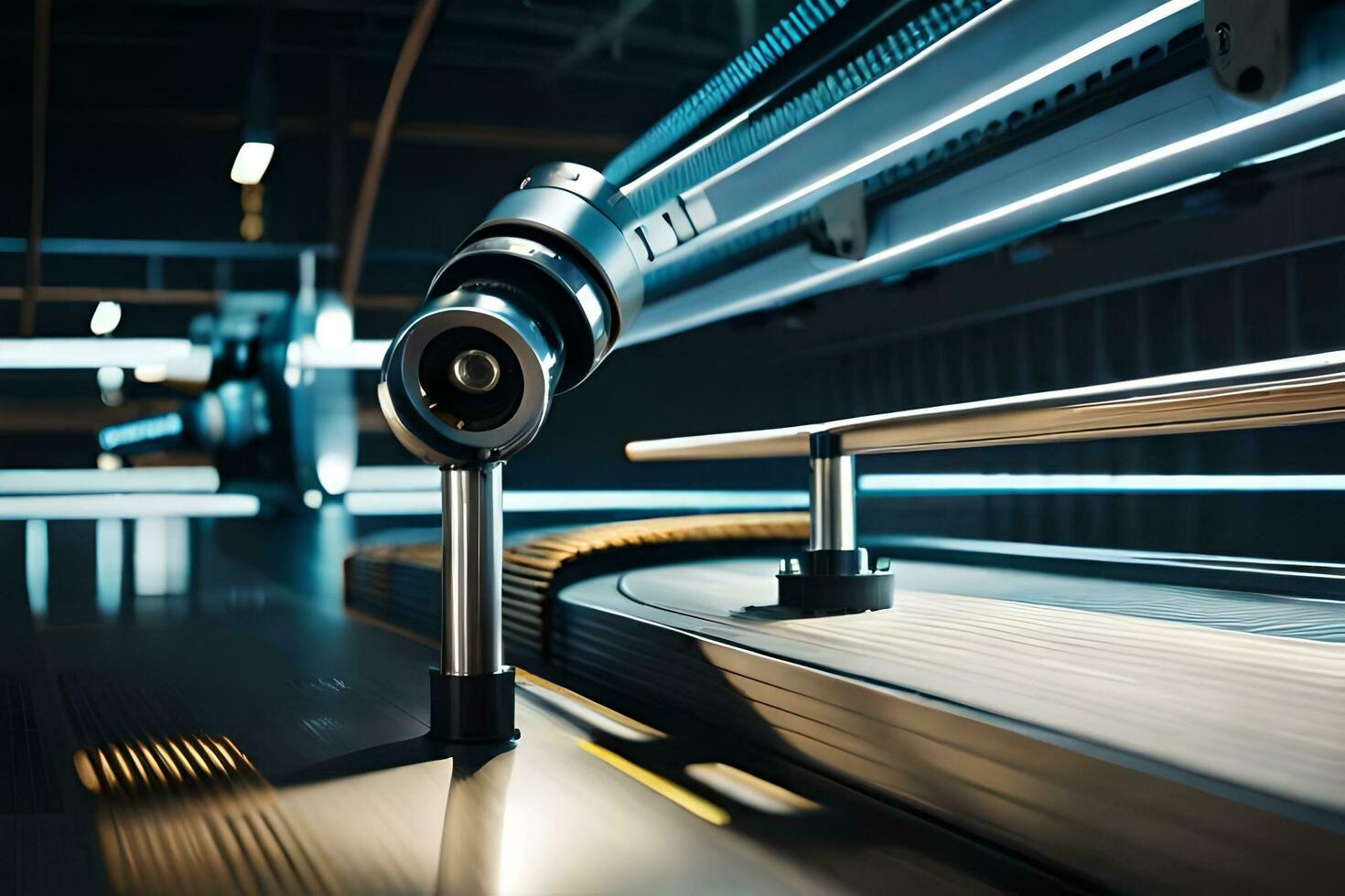 a robot is standing in front of a conveyor belt. AI-Generated photo
