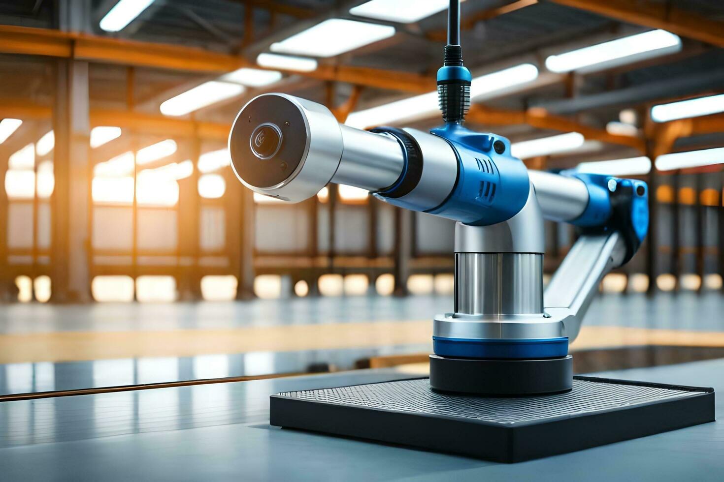 a robotic arm is sitting on a table in a factory. AI-Generated photo