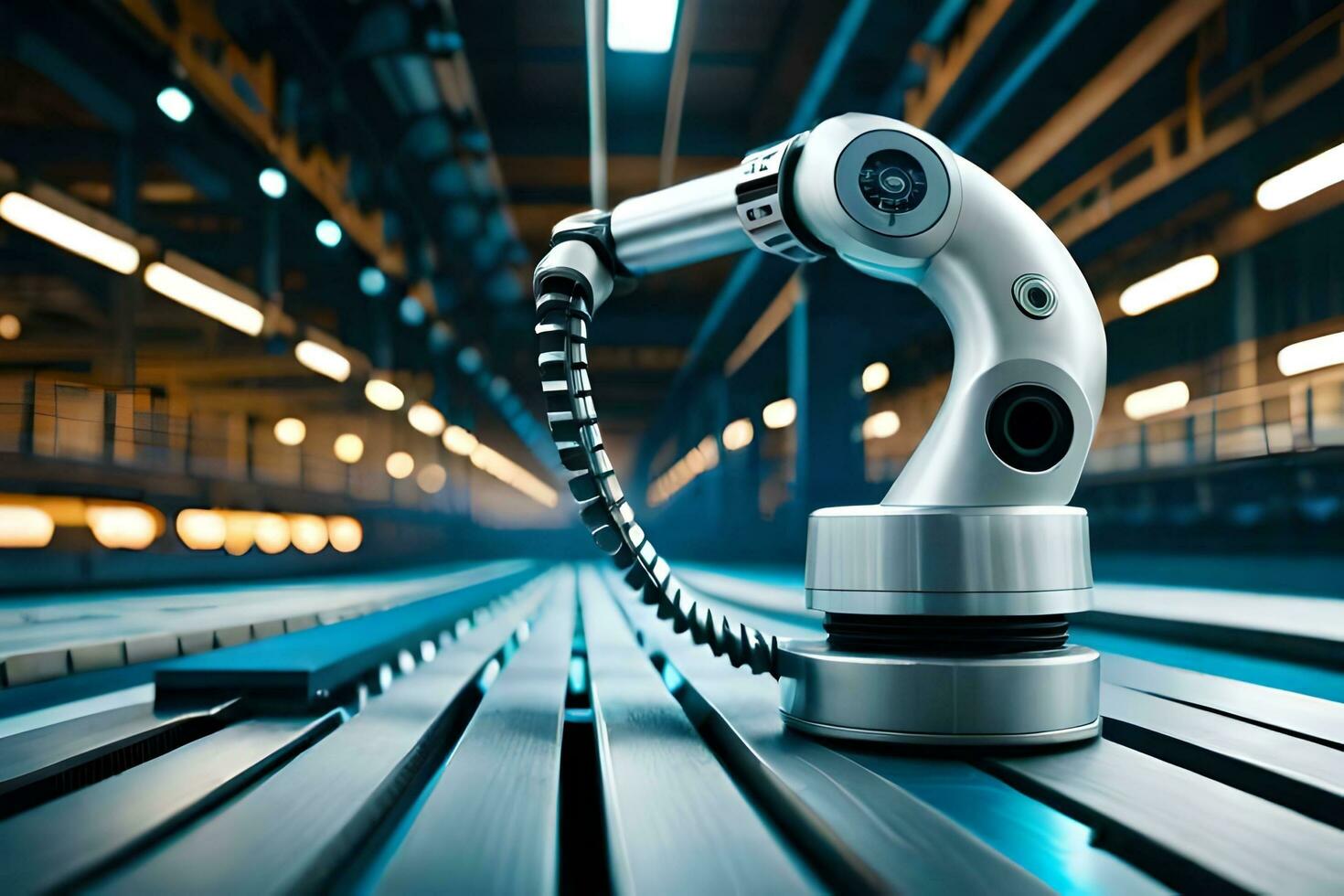a robotic arm is sitting on a conveyor belt. AI-Generated photo
