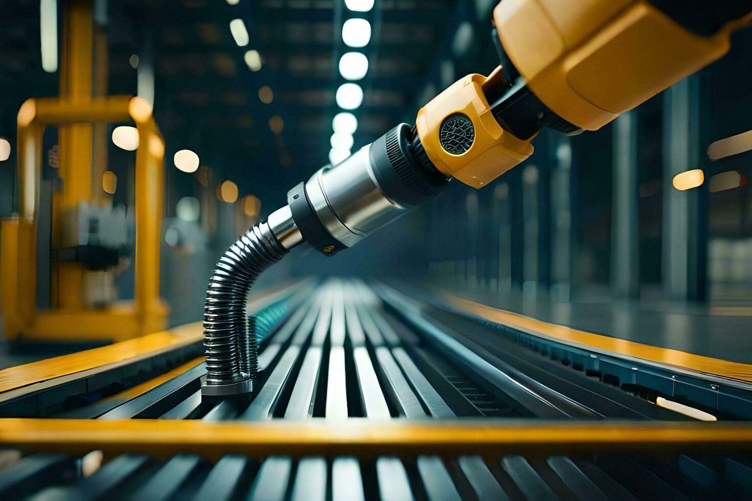 a robotic arm is holding a hose in a factory. AI-Generated photo