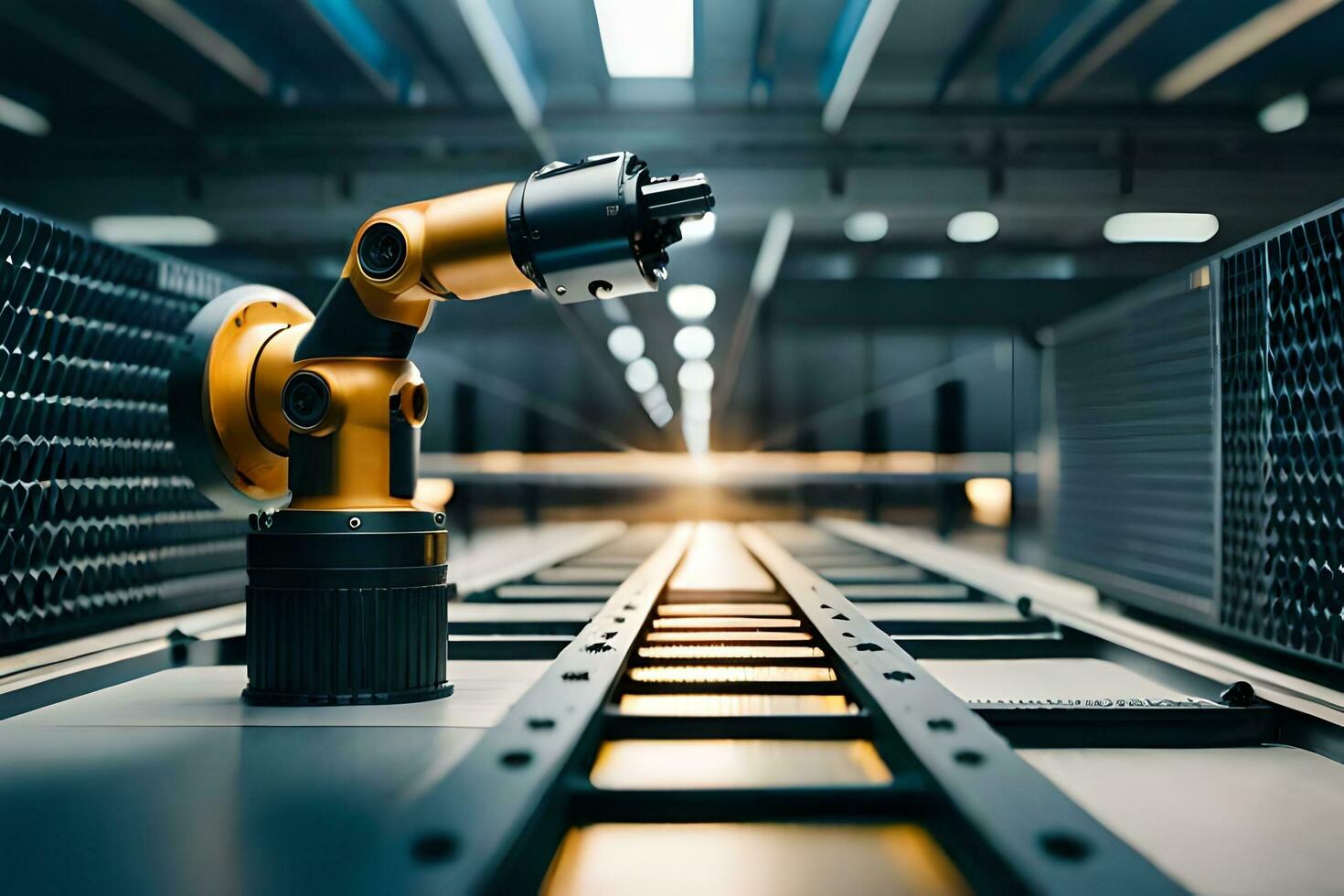 a robotic arm is sitting on a track in a warehouse. AI-Generated photo