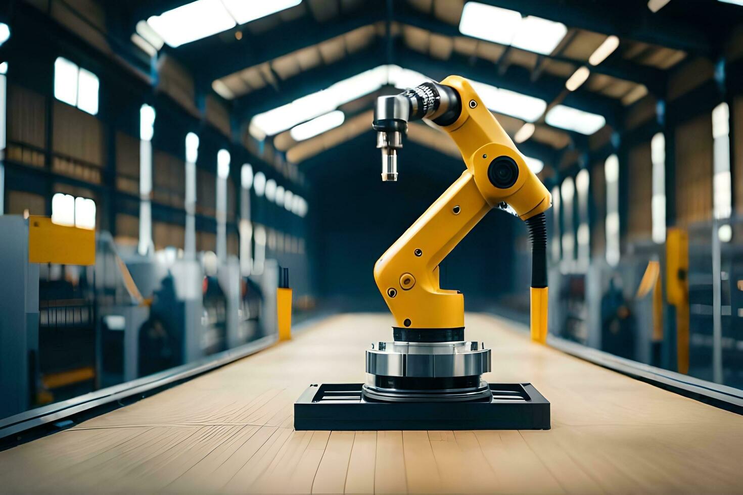 a yellow industrial robot is sitting on a table. AI-Generated photo