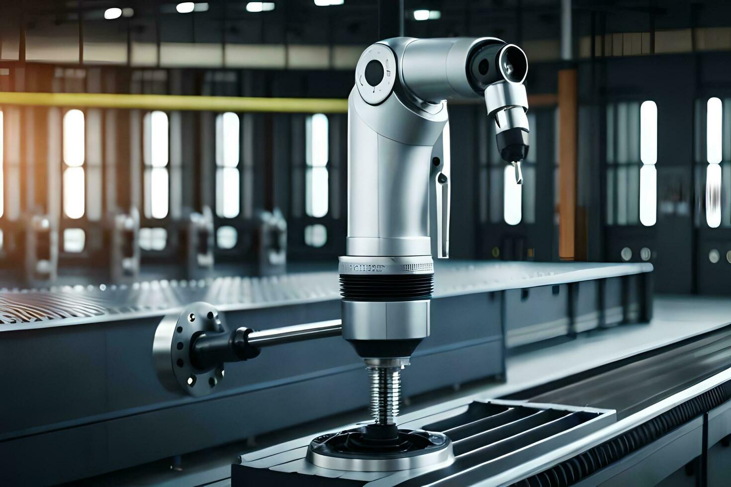a robotic arm is sitting on a table in a factory. AI-Generated photo
