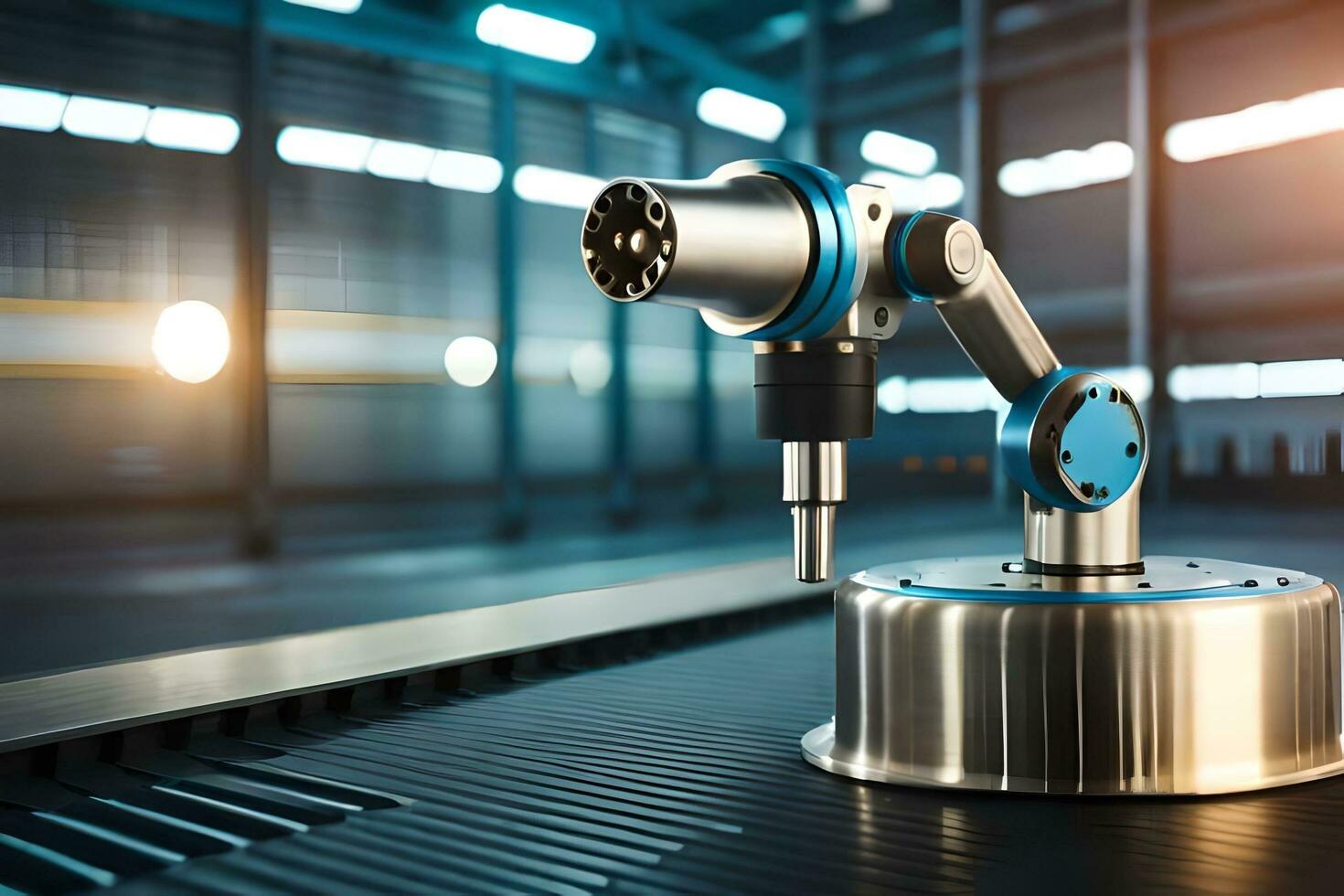a robotic arm on a metal table in a factory. AI-Generated photo