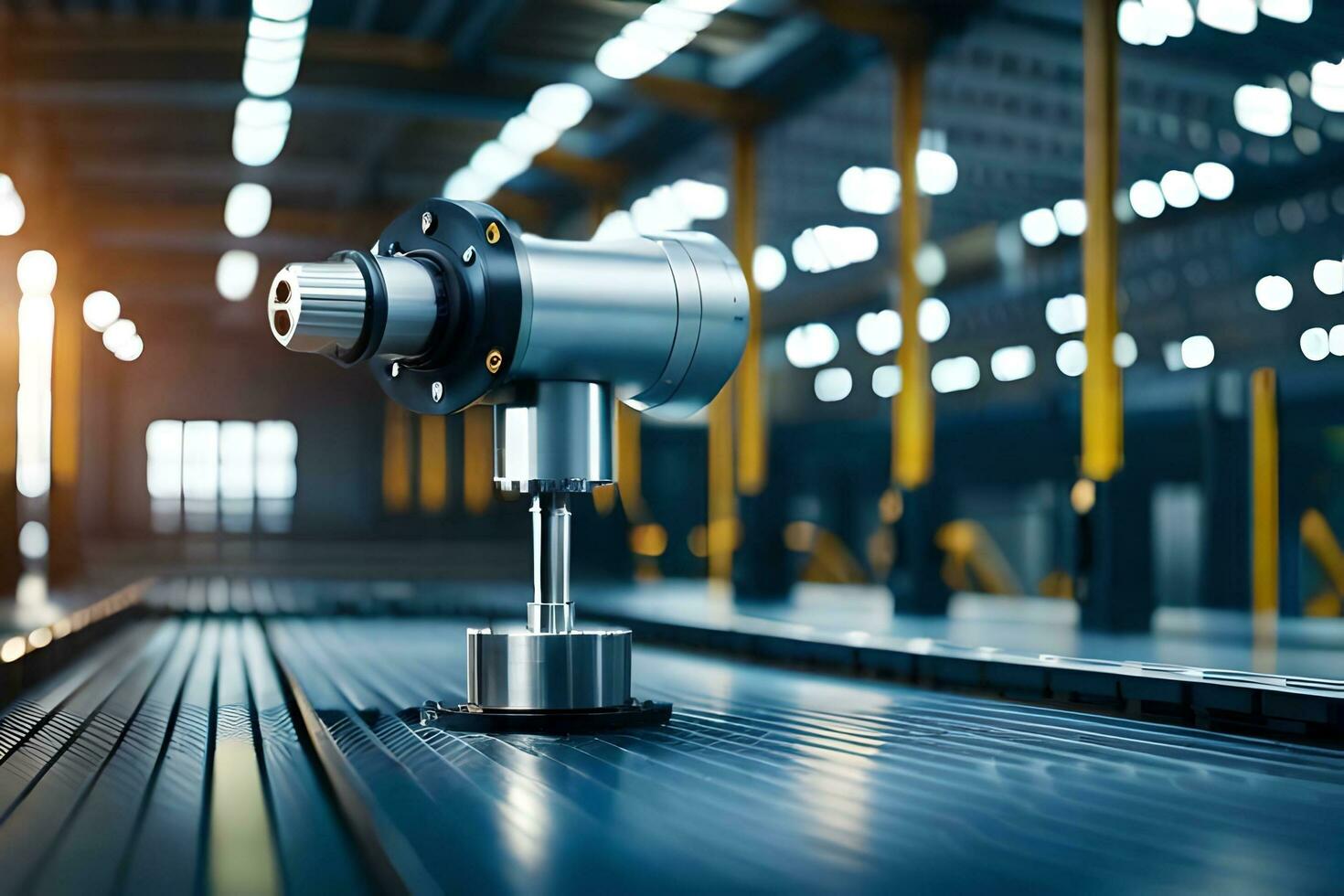 a metal object on a conveyor belt in a factory. AI-Generated photo