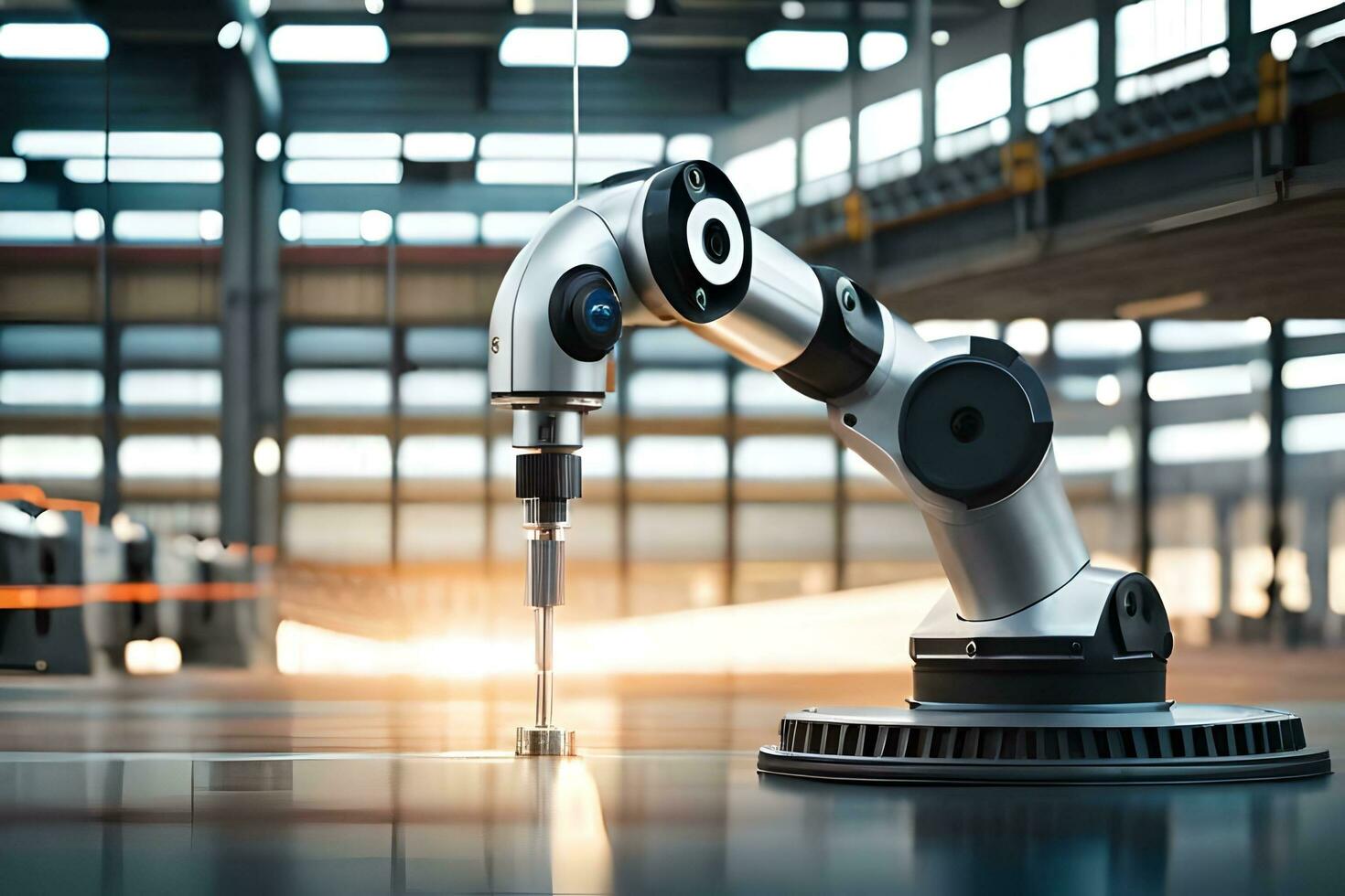 a robotic arm is sitting on a table in a factory. AI-Generated photo