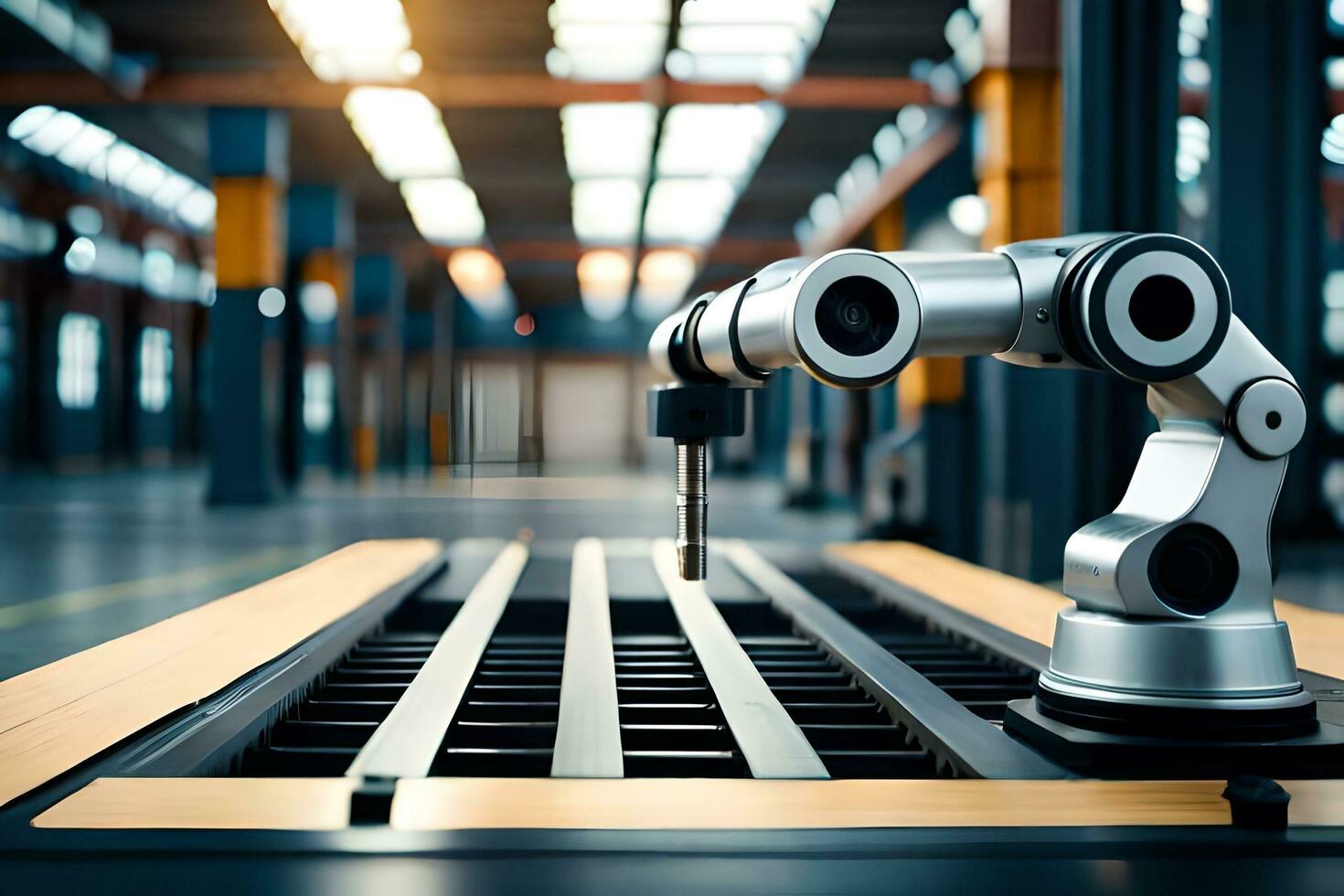 a robotic arm is sitting on a table in a warehouse. AI-Generated photo