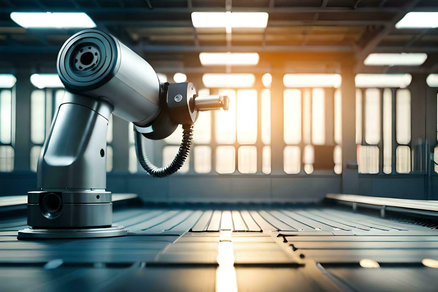 a robotic arm is sitting on a table in a factory. AI-Generated photo