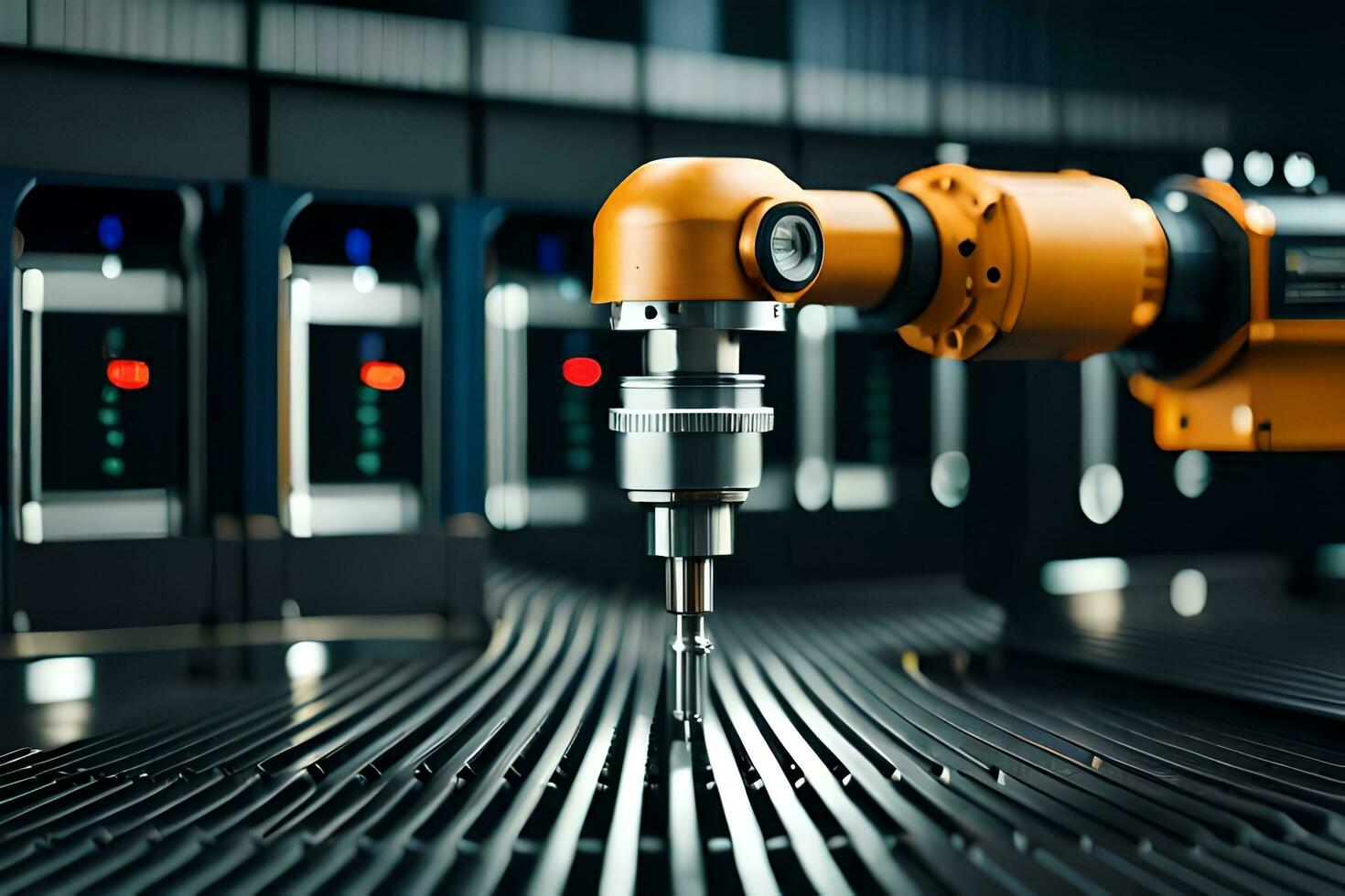a robotic arm is holding a machine on a metal table. AI-Generated photo
