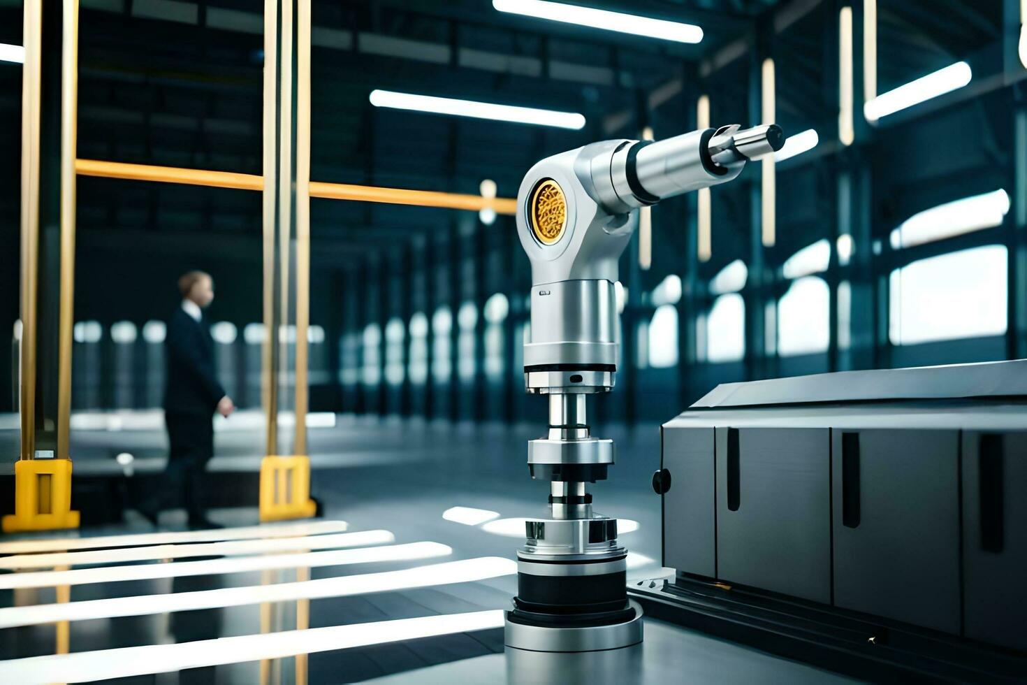 a robotic arm is sitting on a machine in a factory. AI-Generated photo