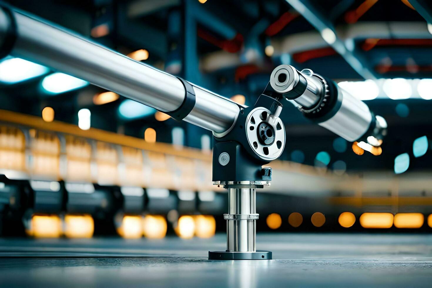 a close up of a metal pipe with a light in the background. AI-Generated photo