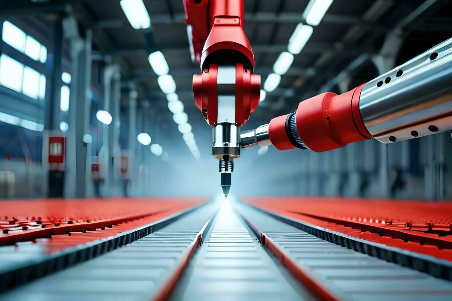 a robot is working on a conveyor belt in an industrial area. AI-Generated photo