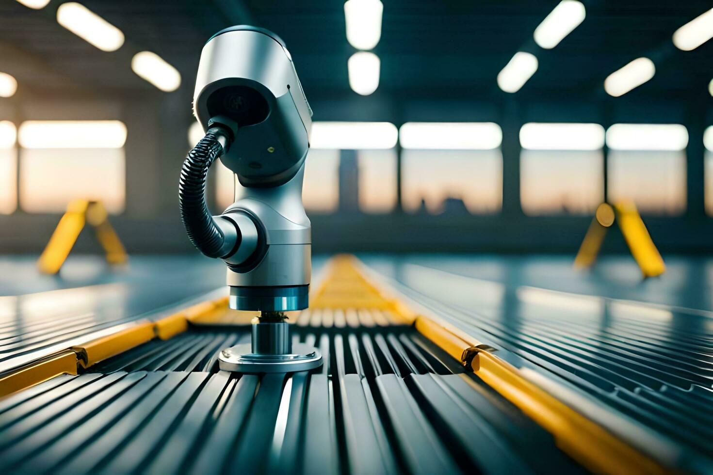 a robot is standing on a conveyor belt. AI-Generated photo