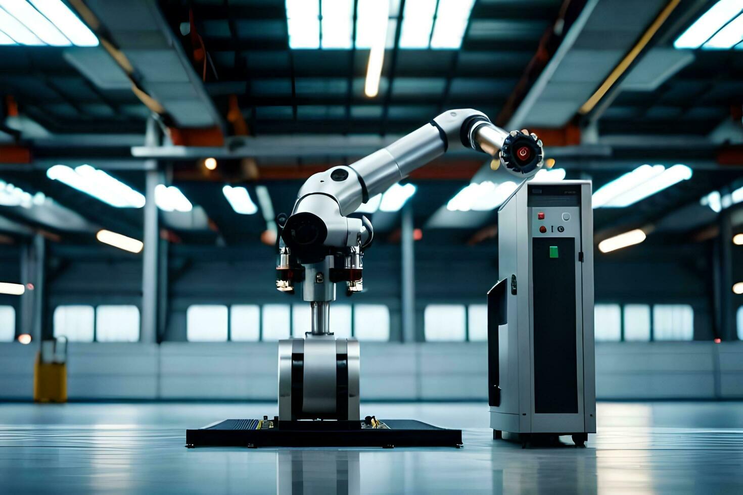 a robot is standing in front of a machine. AI-Generated photo