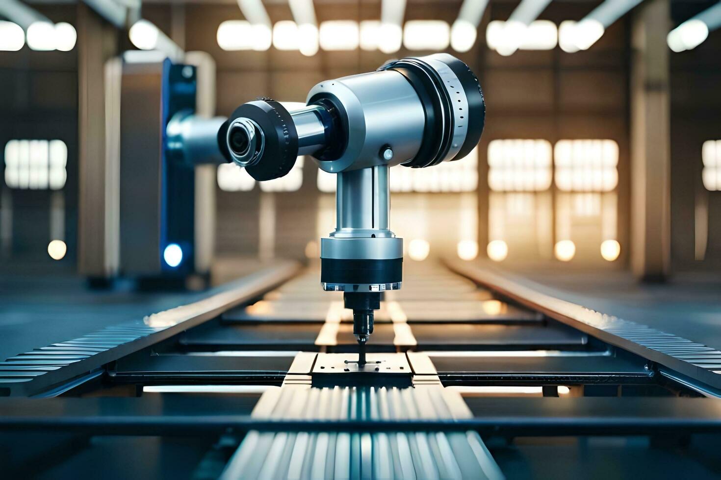 a robotic arm is on a conveyor belt in a factory. AI-Generated photo