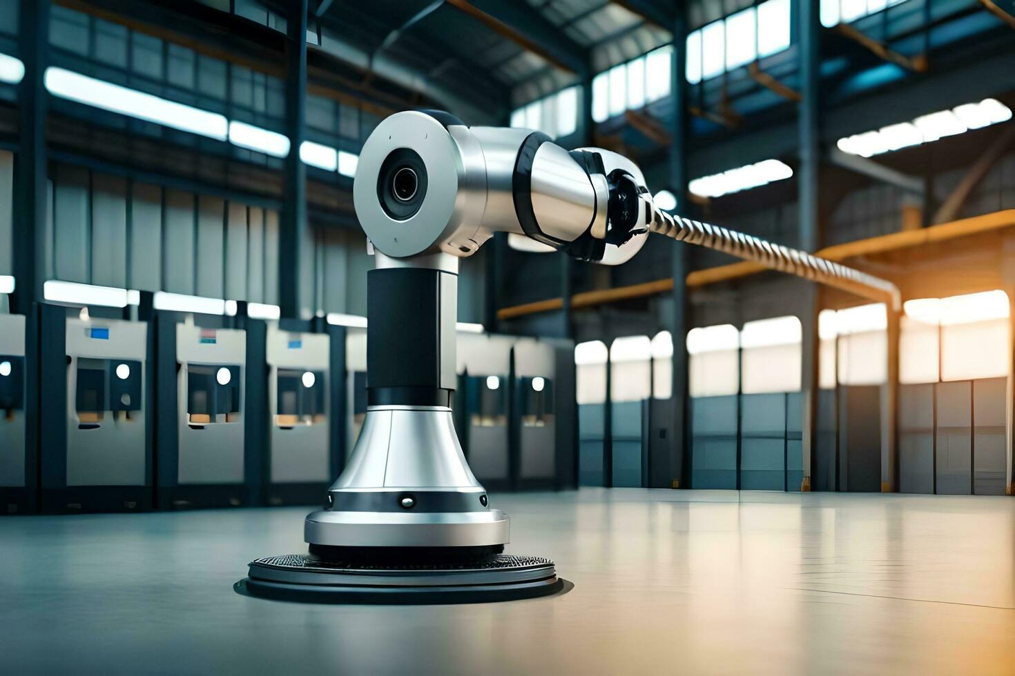 a robotic arm in a warehouse with a large machine. AI-Generated photo