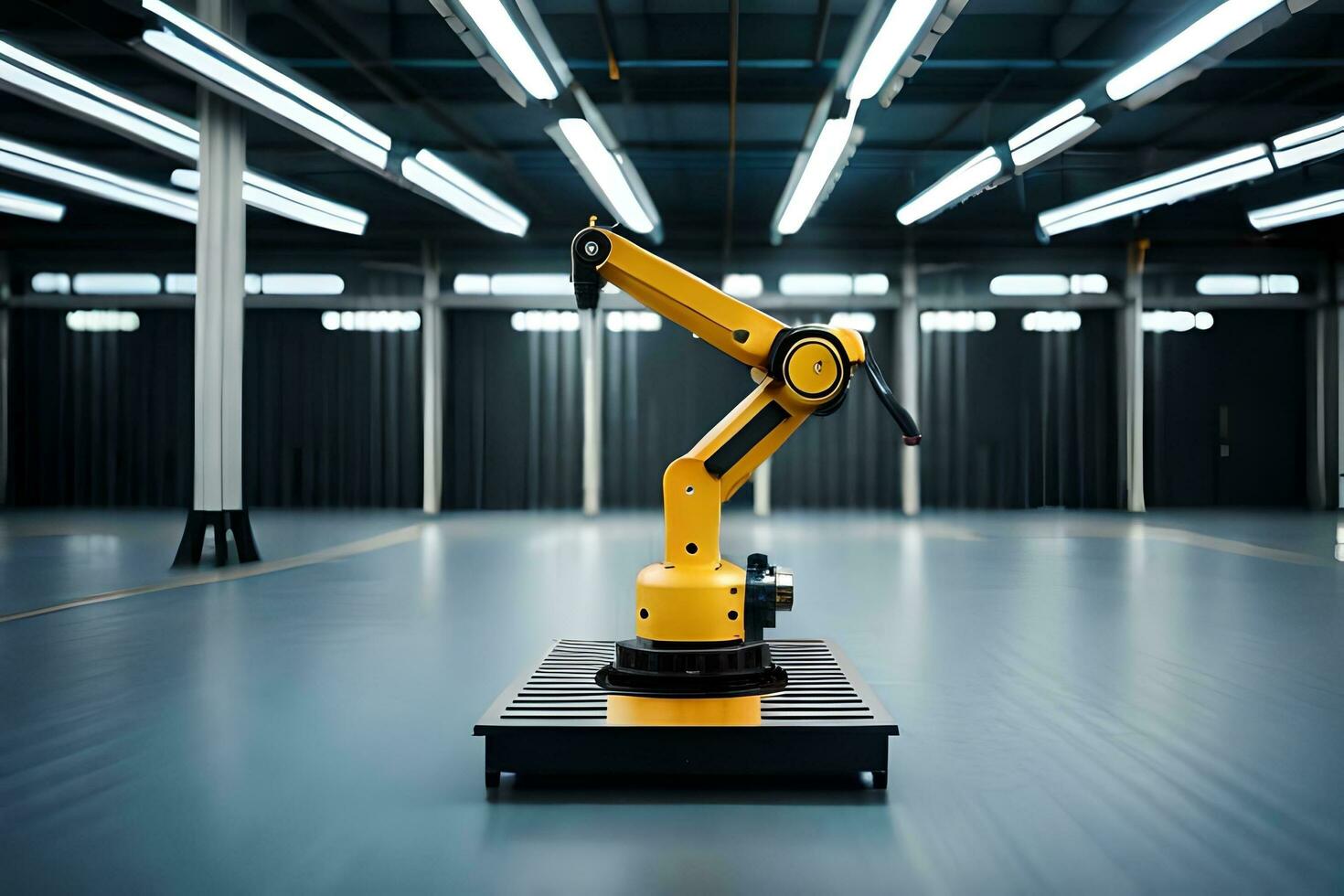 a robotic arm in a warehouse with lights on. AI-Generated photo