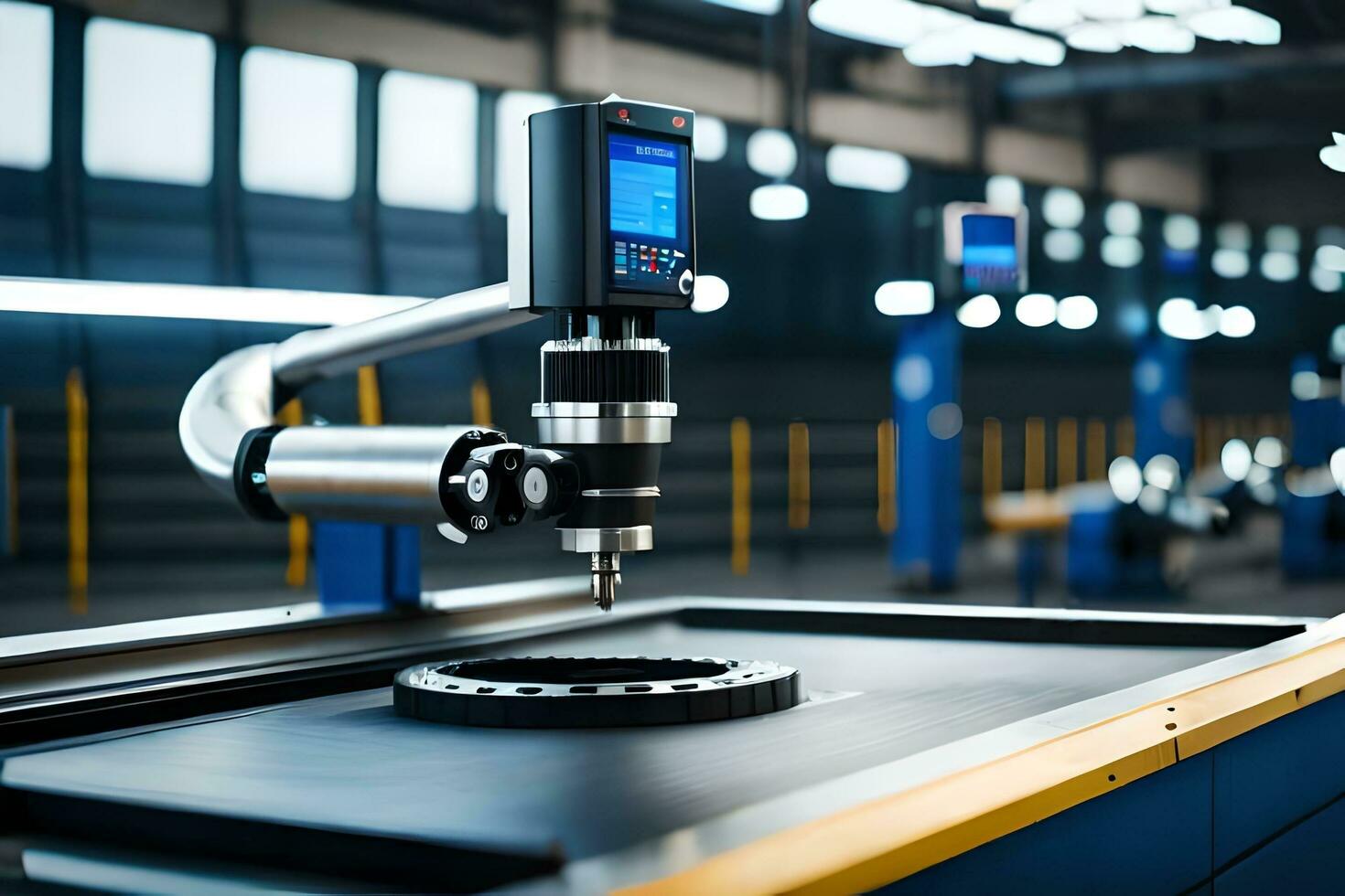 un máquina es trabajando en un mesa en un fábrica. generado por ai foto