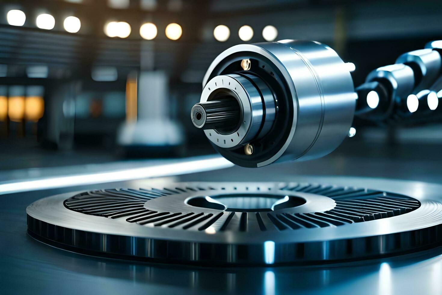 a metal machine is on a table with a large metal object. AI-Generated photo
