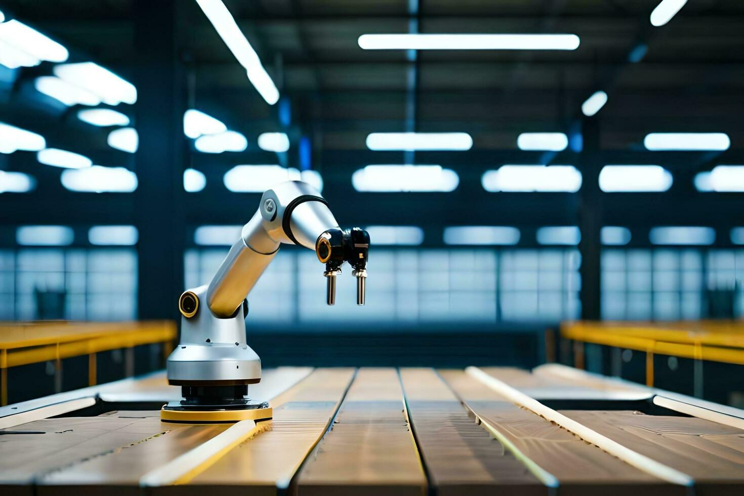 a robotic arm is sitting on top of a wooden table. AI-Generated photo
