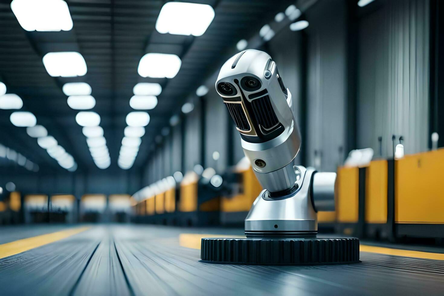 a robot is sitting on a conveyor belt in a warehouse. AI-Generated photo