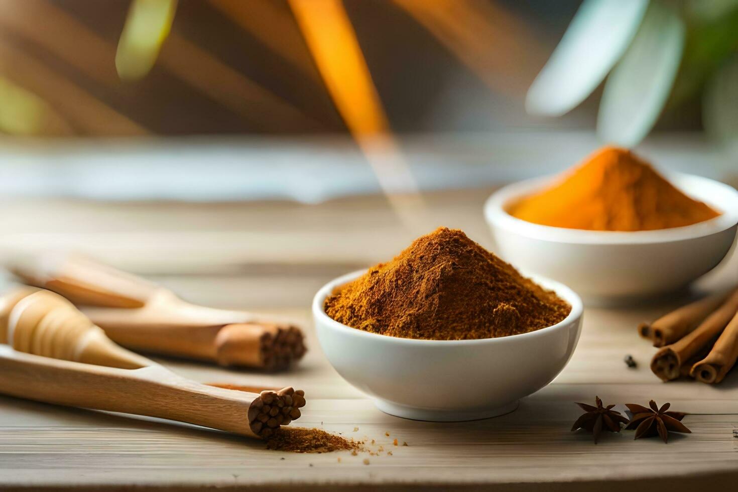 cinnamon powder in a bowl and anise seeds on a wooden table. AI-Generated photo