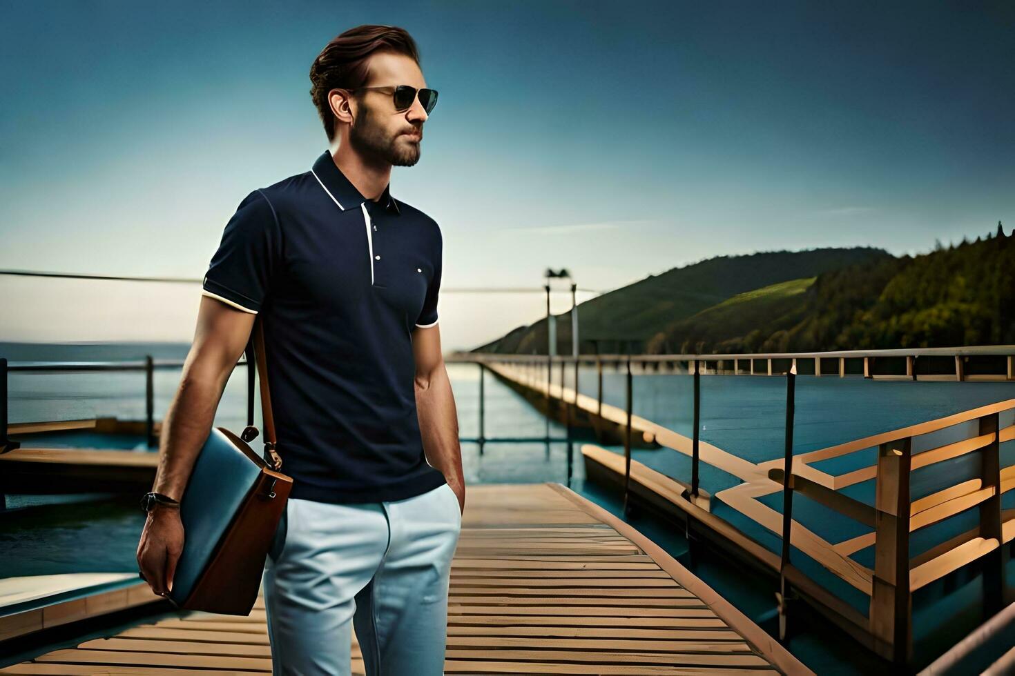 a man in sunglasses and a polo shirt standing on a dock. AI-Generated photo