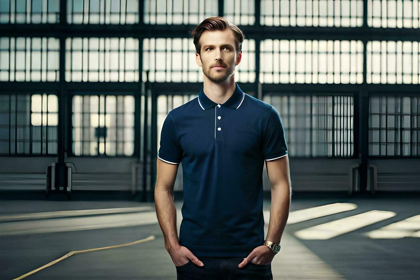 a man in a blue polo shirt standing in an industrial building. AI-Generated photo