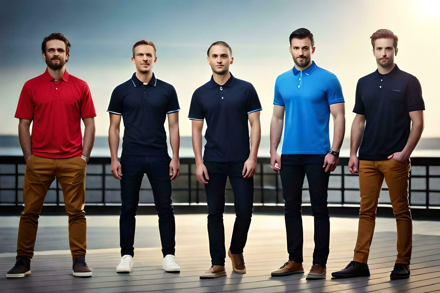 cinco hombres vistiendo diferente colores de polo camisas generado por ai foto