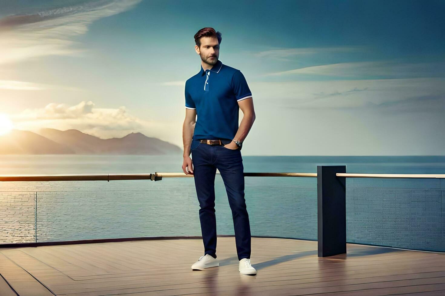 a man in a blue polo shirt standing on a deck. AI-Generated photo