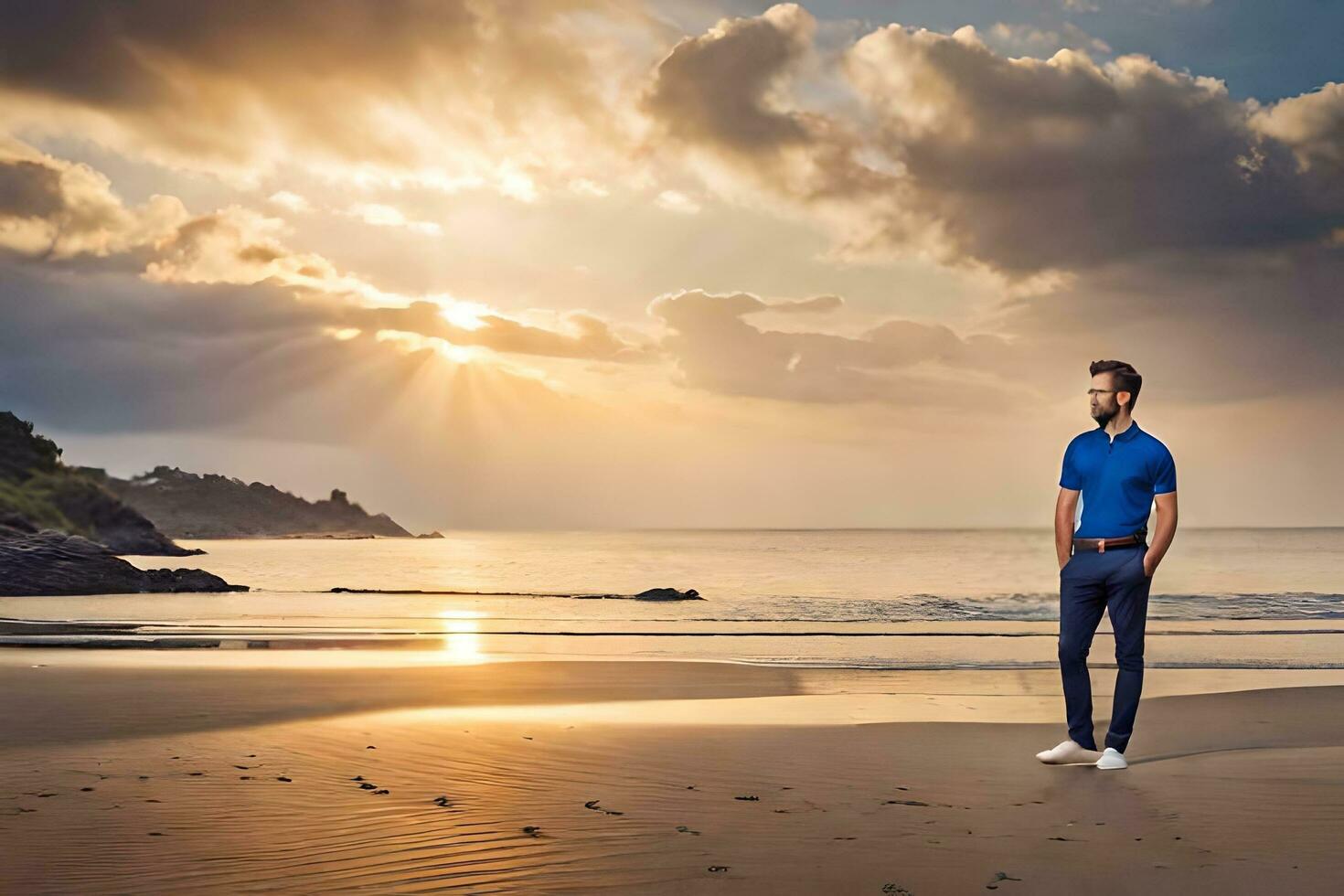 un hombre en pie en el playa a puesta de sol. generado por ai foto