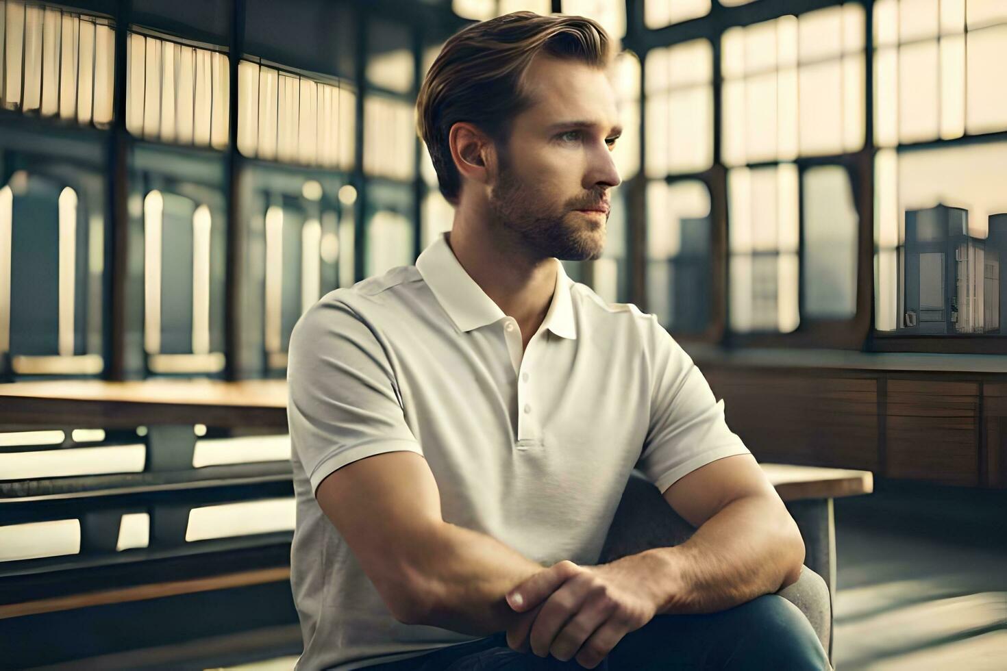 a man sitting on a bench in front of a window. AI-Generated photo