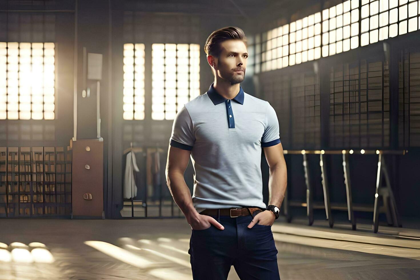 a man in a polo shirt and jeans standing in an industrial building. AI-Generated photo