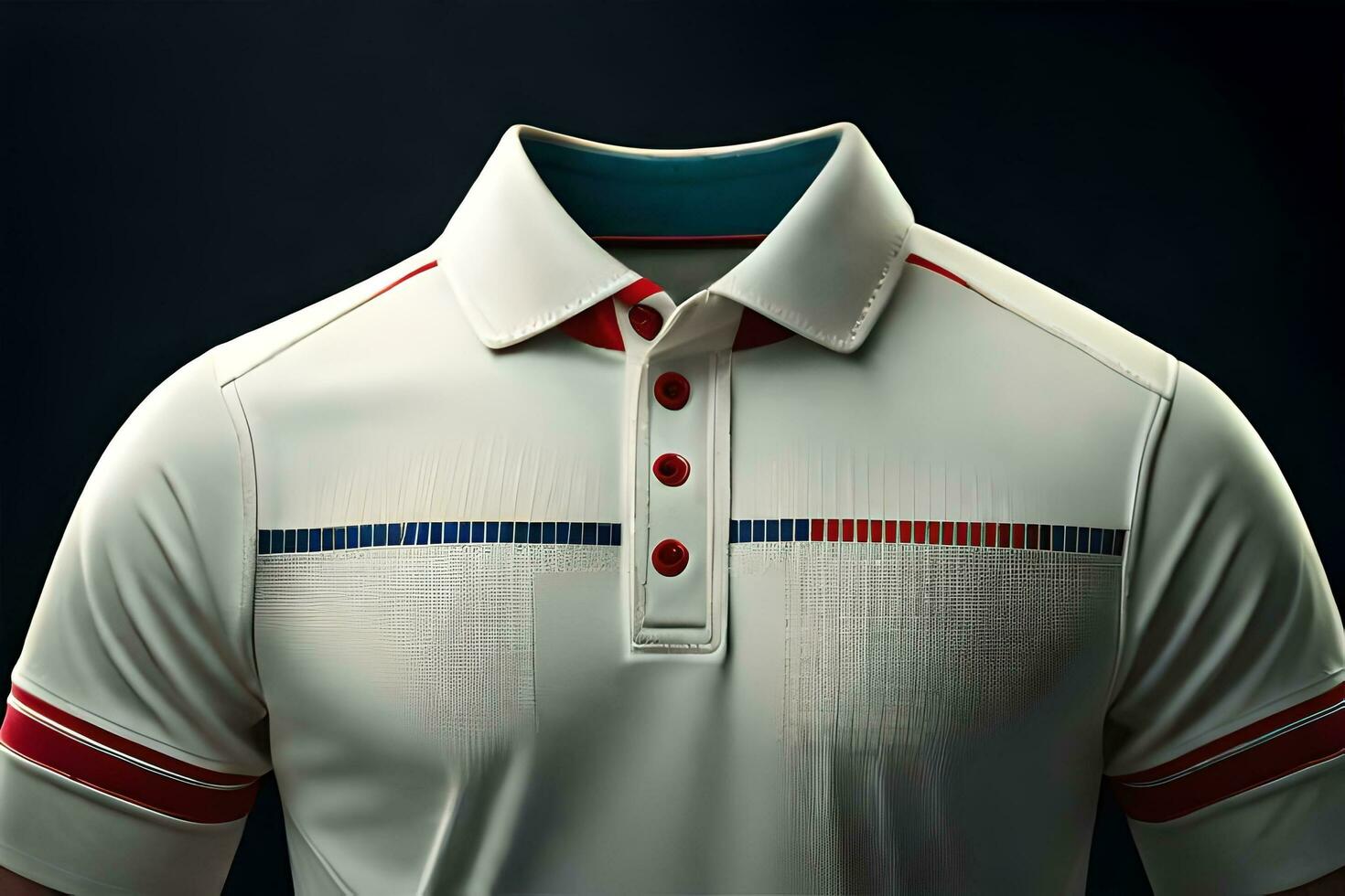 a close up of a white polo shirt with red, blue and white stripes. AI-Generated photo